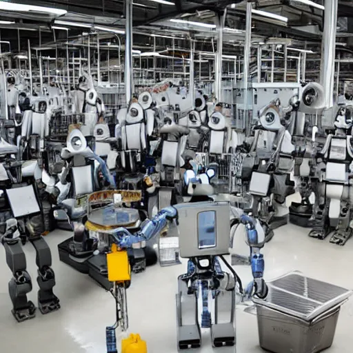 Prompt: A robot assembling human beings in a factory