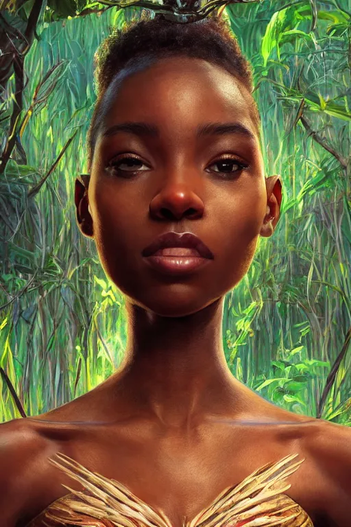 Prompt: stunningly beautiful, nubian prima ballerina in jungle, symmetrical face, golden hour, smooth, focus, highly detailed, hyper realistic, dramatic lighting, elegant, intricate, concept art, art by wlop, mars ravelo, greg rutowski, artstation