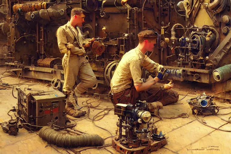 Prompt: male repairing machine, dieselpunk, painting by gaston bussiere, craig mullins, j. c. leyendecker