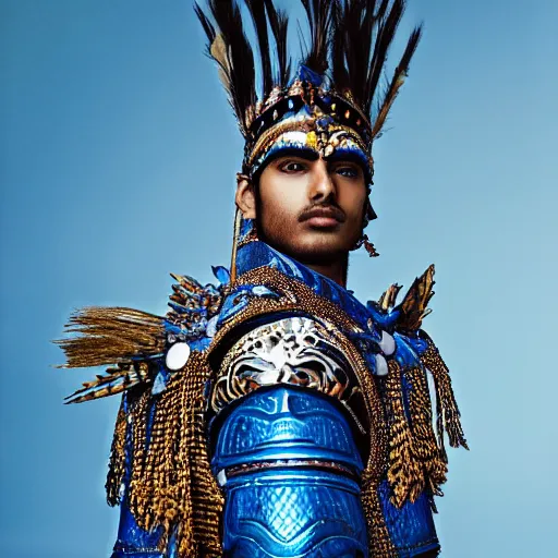 Image similar to a portrait of a beautiful young indian male wearing an alexander mcqueen armor made of blue fire , photographed by andrew thomas huang, artistic