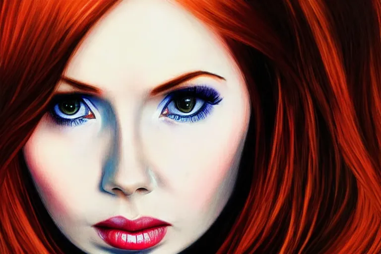 Prompt: sultry look in her eyes Karen Gillan close-up portrait looking straight on, complex artistic color pencil sketch illustration, full detail, gentle shadowing, fully immersive reflections and particle effects, chromatic aberration.