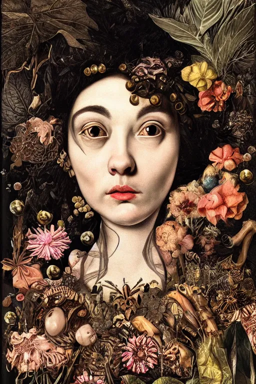 Image similar to Detailed maximalist portrait with large lips and with large eyes, sad exasperated expression, HD mixed media, 3D collage, highly detailed and intricate illustration, botany and bones, in the style of Caravaggio, dark art, baroque