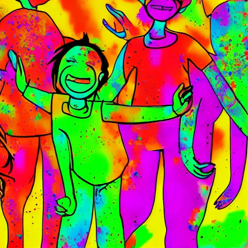 Prompt: aliens and humans playing holi, digital art