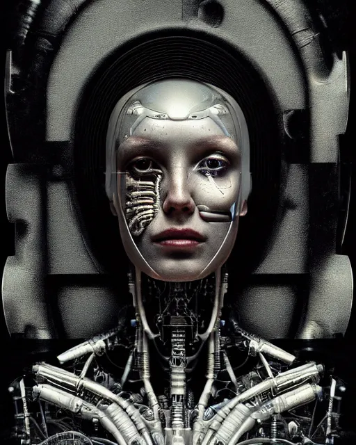 Image similar to a young beautiful female cyborg profile face, by h. r. giger, by ismail inceoglu, by kiki smith, glamor shot, vintage, closeup, f / 2. 8, low contrast, 1 6 k, rim lighting, cinematic lighting, insanely detailed and intricate, hypermaximalist, elegant, ornate, hyper realistic, super detailed