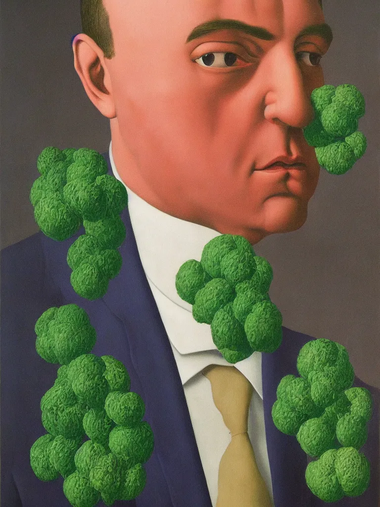 Prompt: portrait of a flower man by rene magritte, detailed painting, hd, hq, high resolution, high detail, 4 k, 8 k