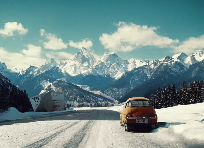 Image similar to A very high resolution image from a new movie, landscape from a car window , mountains, snowy, snowy mountains, Polaroid, directed by wes anderson