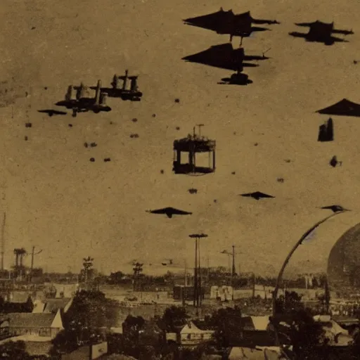 Prompt: grainy 1800s photo of a world\'s fair with flying machines above it