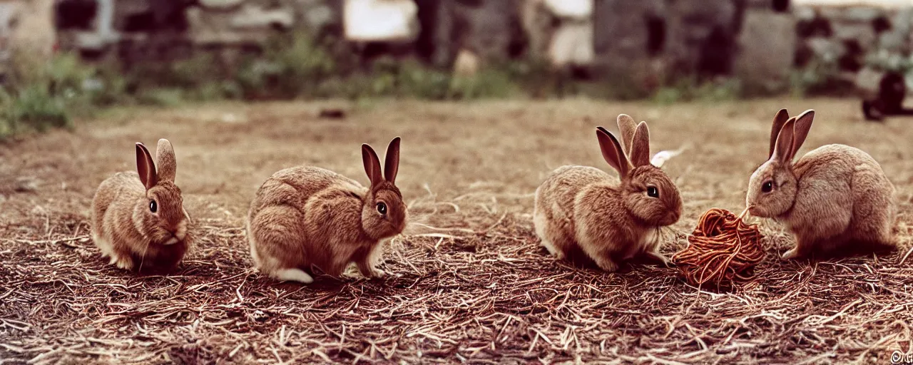 Prompt: rabbits eating spaghetti off the ground, in the style of national geographic, in the style of wes anderson, canon 5 0 mm, kodachrome, retro