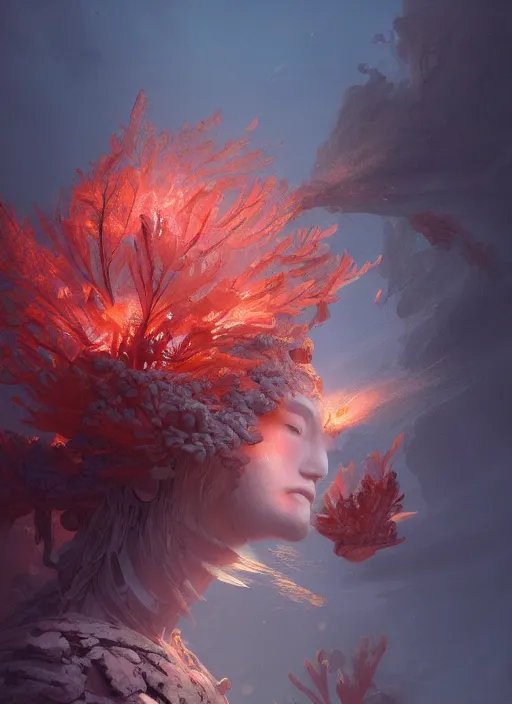 Image similar to Helmet of a forgotten Deity, corals, plume made of seaweed, glowing fish, extremly detailed digital painting, in the style of Fenghua Zhong and Ruan Jia and jeremy lipking and Peter Mohrbacher, mystical colors, rim light, beautiful lighting, 8k, stunning scene, raytracing, octane, trending on artstation