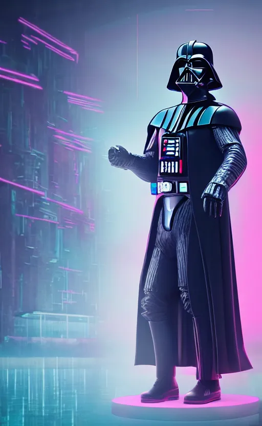 Image similar to darth vader synth wave retro wave vapor wave white and pink lighting and clothes and tech cyberpunk style ultra realistic high quality highly detailed 8 k