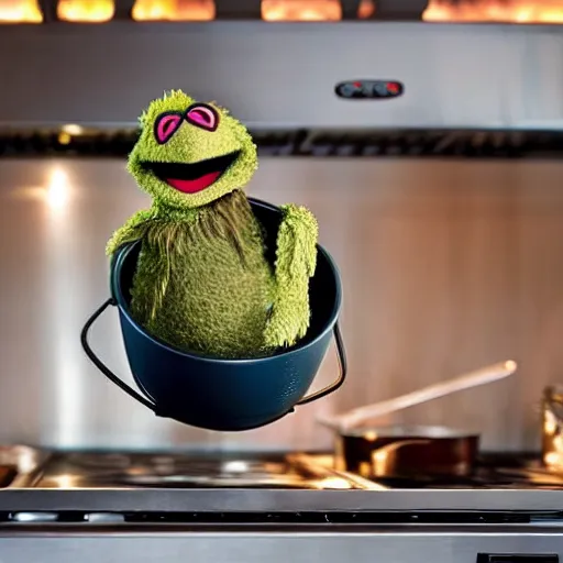 Prompt: a muppet inside a metal pot on a stove, next to an italian chef cooking