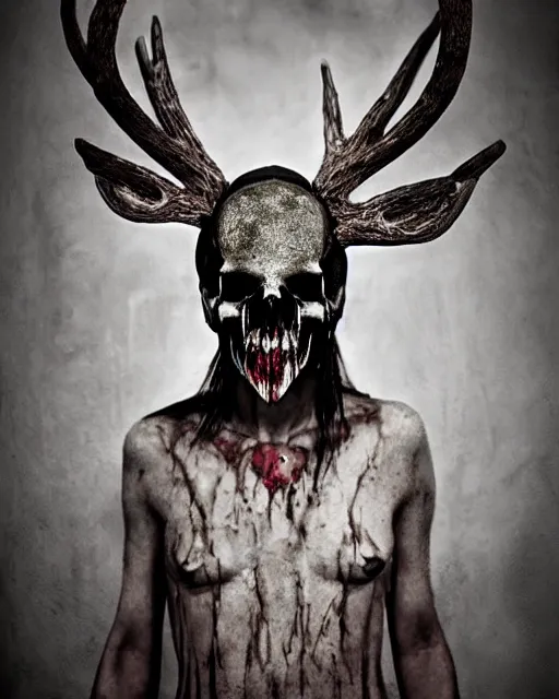 Image similar to deer - skull ghost - spirit of the grim - warpaint wears the scarlet skull armor and native blood headdress antlers, midnight fog - mist!, cinematic lighting, various refining methods, micro macro autofocus, ultra definition, award winning photo, photograph by ghostwave - gammell - giger - shadowlord