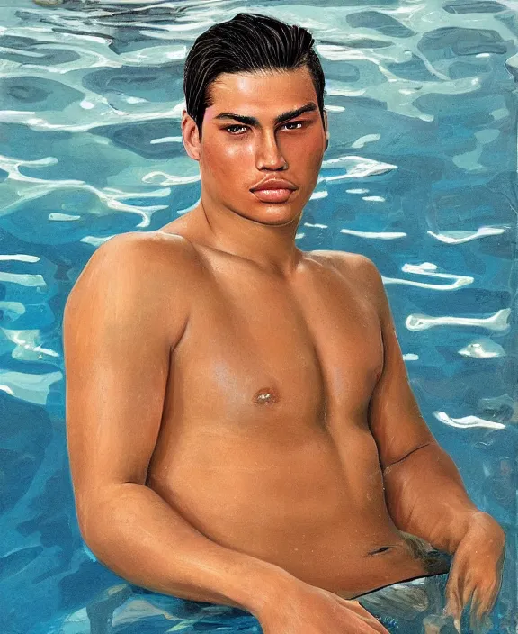 Image similar to portrait of a handsome young tejano swimmer, art by denys tsiperko and bogdan rezunenko, hyperrealism