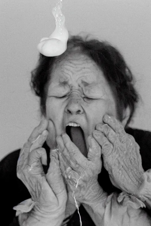 Prompt: Realistic high-resolution black and white photograph with a 50 mm f/1.2 lens of old women with their eyes closed and screaming expelling ECTOPLASMA from their mouths. A thick white liquid floating in the air and rising upwards