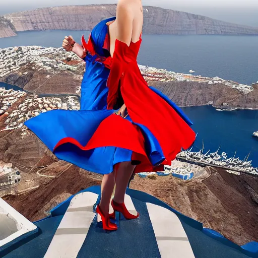 Image similar to cyberpunk girl wearing a red and blue swirling dress, standing on a Santorini terrace looking down into the ocean, trending on artstation, cinematic, photorealistic