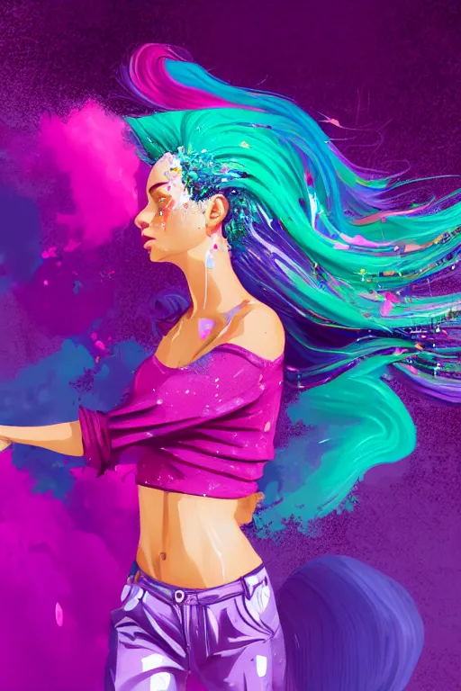 Image similar to a award winning half body porttrait of a beautiful woman in a croptop and cargo pants with ombre purple pink teal hairstyle with head in motion and hair flying, paint splashes, splatter, outrun, vaporware, shaded flat illustration, digital art, trending on artstation, highly detailed, fine detail, intricate