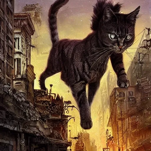 Prompt: gigantic cat walking on apocalyptic city, very detailed fine art, trend of artistation, style of jazinski and repin