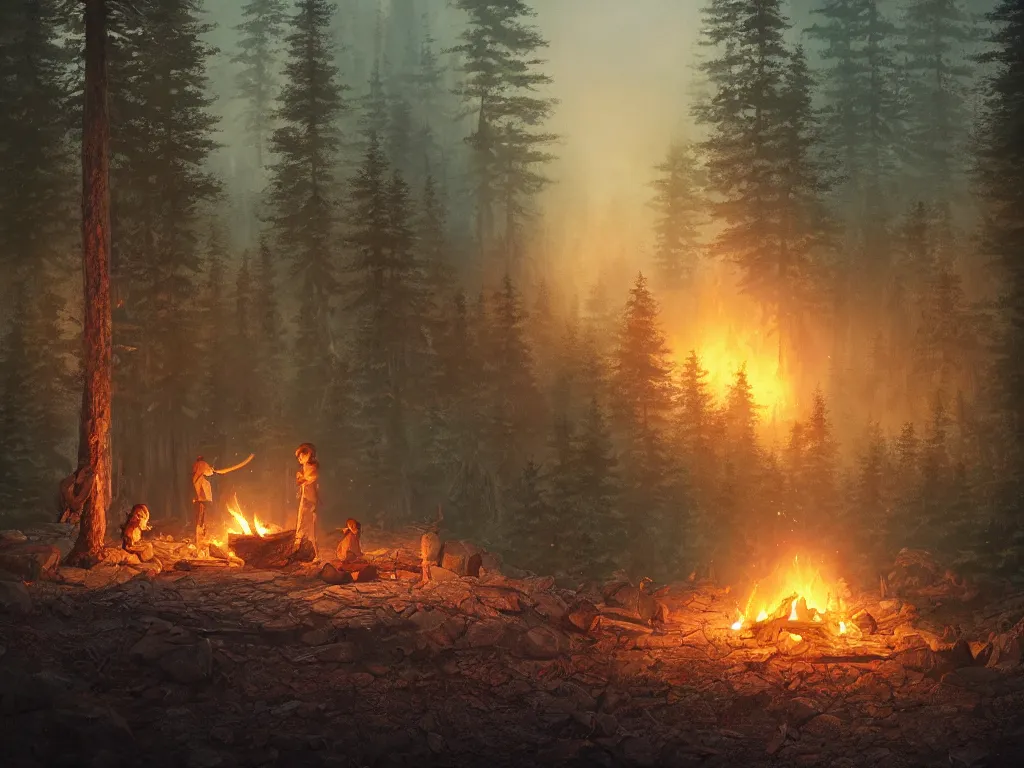 Image similar to A highly detailed matte painting of a lone camp fire in the forest at night by Studio Ghibli, Makoto Shinkai, by Artgerm, by WLOP, by Greg Rutkowski, volumetric lighting, octane render, 4K resolution, trending on artstation, masterpiece