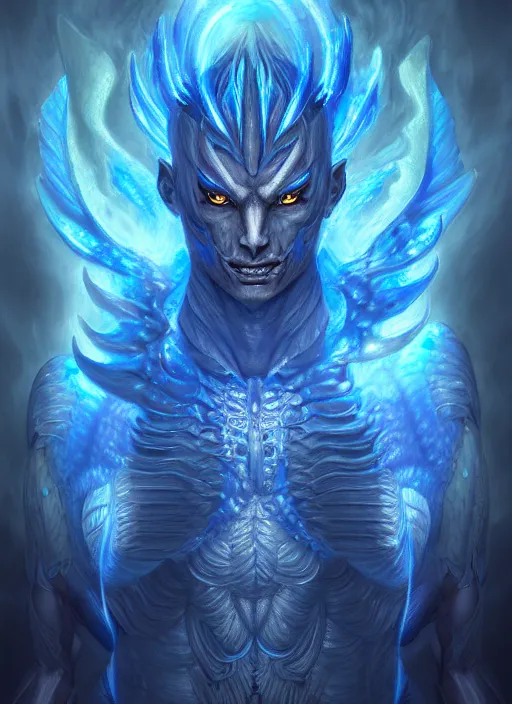 Image similar to muscular and tall blue ghostly fire humanoid dragon!!!! draconian!! intricate ornate iridescent exoesqueleton!! character concept art, sharp focus, octane render! unreal engine 5! highly rendered!! trending on artstation!! detailed linework!! illustration by artgerm, wlop, and chie yoshii