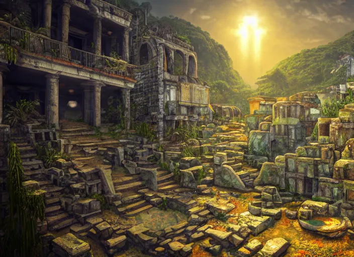 Image similar to ancient ruins favela, underwater environment, arches, urns, scenery, professional, award - winning, trending on artstation, hyper detailed, realistic, beautiful, emotional, shiny, golden, picture