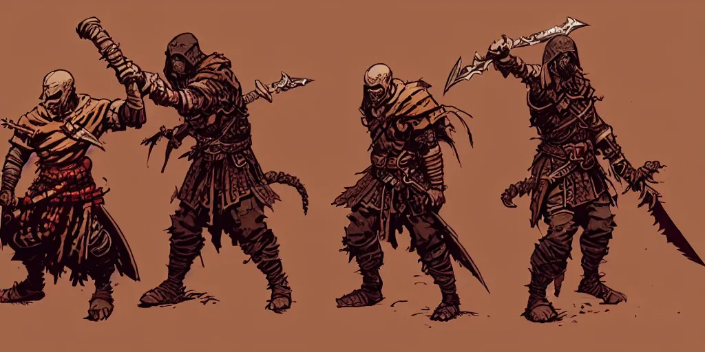 Prompt: warrior character, idle pose, sword, sprite, darkest dungeon, pc game, sideview, art by moebius and greg rutkowski.