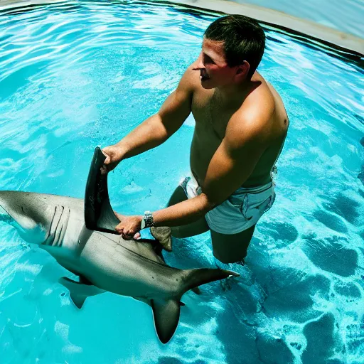 Image similar to a man feeding a shark in a pool