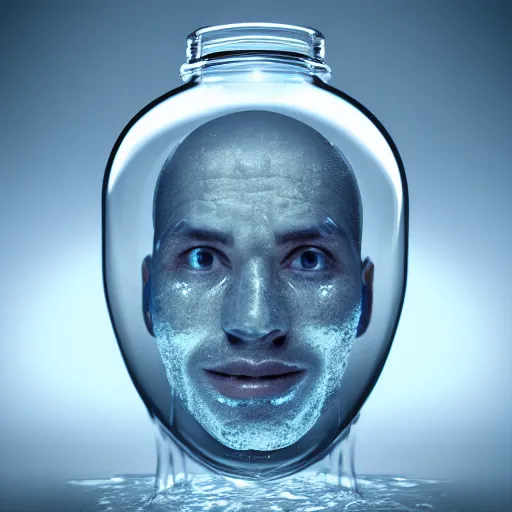 Image similar to a human head in a bottle shape water art manipulation, on the ocean water, futuristic, glowing, hyper realistic, ray tracing, realistic water splashes, sharp focus, long shot, 8 k resolution, cinematic, photoshop art