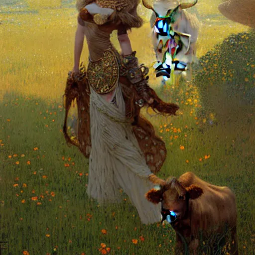 Image similar to portrait of a female cow woman wearing a dress. furaffinity farm fantasy highly detailed painting by gaston bussiere craig mullins jc leyendecker gustav klimt artgerm greg rutkowski john berkey, bergey, craig mullins, ruan jia, raymond swanland, jeremy mann, tom lovell, alex malveda