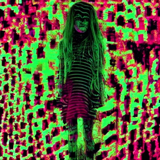 Image similar to terrifying ghost girl, brutal violence, glitchcore datamosh, found footage