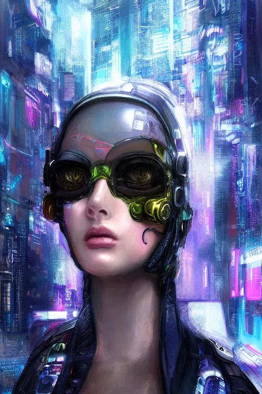 Prompt: beautiful digital oil cyberpunk style of an android girl by Arthur Hughes