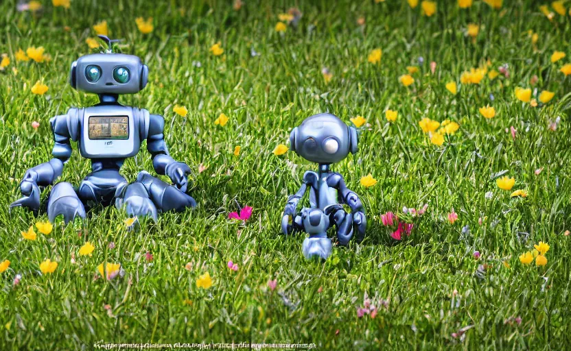 Prompt: close-up of a robot sitting down, reaching to grab a single flower in the grass, utopian grassy landscape background, pond with frogs and lilypads, sun shining through the leaves, highly detailed, high quality, HD, 4k, 8k, Canon 300mm, professional photographer, 40mp, lifelike, top-rated, award winning, realistic, sharp, no blur, edited, corrected, trending