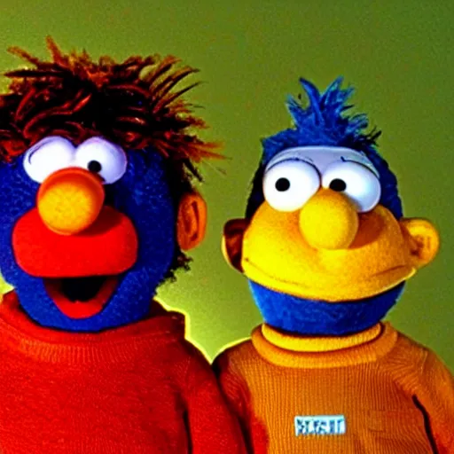 Image similar to 90's horror film about Bert and Ernie from sesame street, photorealistic, highly detailed