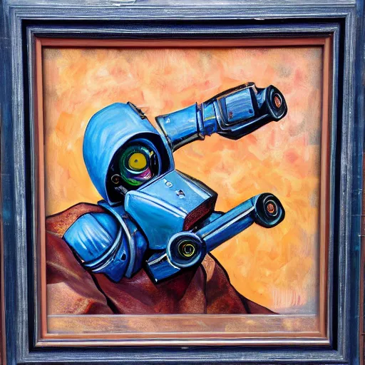 Prompt: a painter who is a robot, painting on a canvas, highly detailed, dramatic, award winning