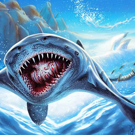 Prompt: a giant trypophobia shark worm attacks warriors in a snowy desert by the tony sart