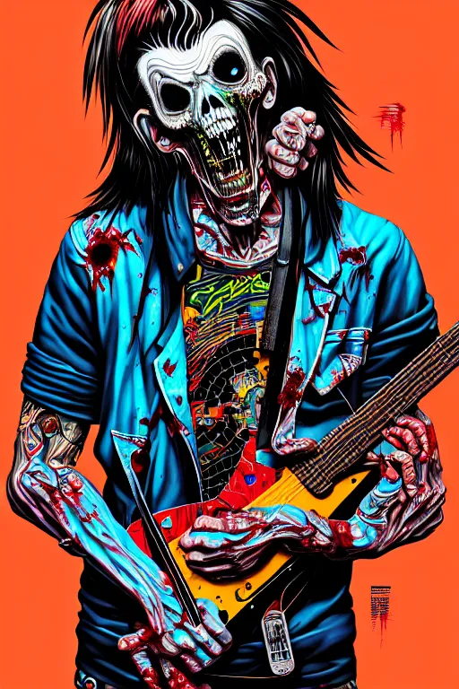 Image similar to zombie punk rocker playing guitar, tristan eaton, victo ngai, artgerm, rhads, ross draws, intricated details, 3 / 4 view, full body portrait