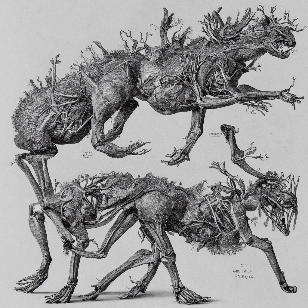 Image similar to anatomical engraving of an unknown specie, anatomical study of animal hybrids from another universe