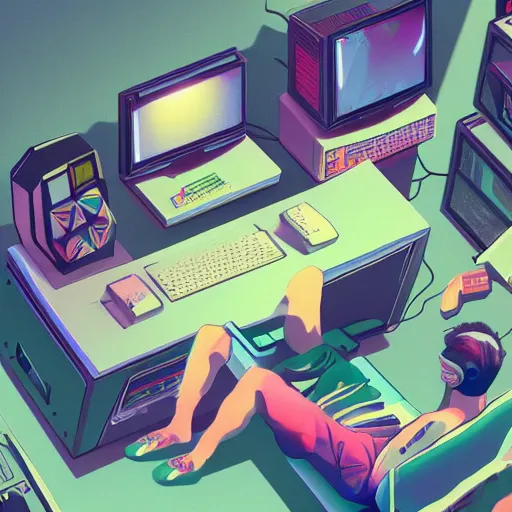 Image similar to aerial view of a guy laying on the floor of his bedroom surrounded by electronics computers food video games, vaporwave colors, faded effect, highly detailed, digital painting, artstation, concept art, soft light, sharp focus, illustration