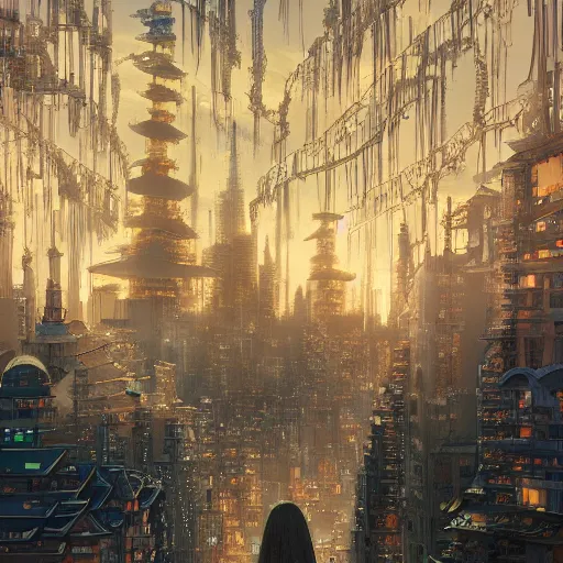 Image similar to a lot of lights, multi layered huge architectures, no people, intricate, Miyazaki Hayao, Ghibli, editor’s pickup, trending on artstation, trending on deviantart, 4K