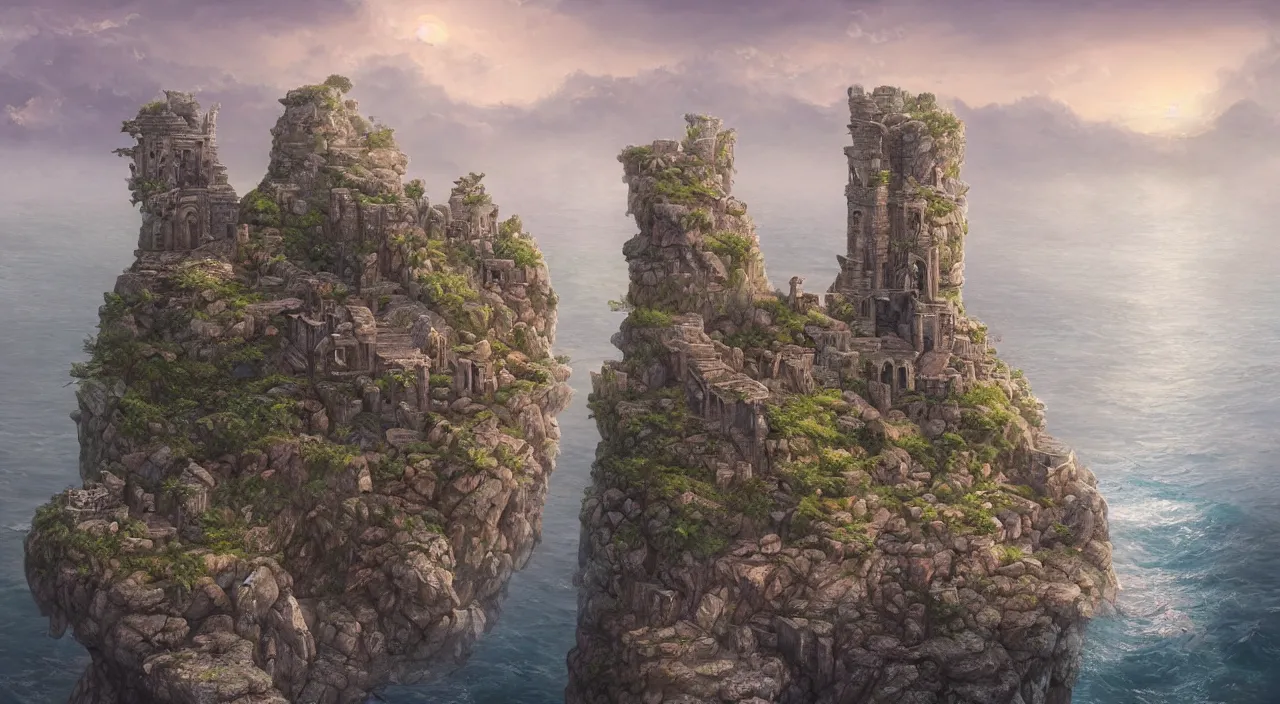 Prompt: hyper realistic detailed matte painting of stone tower ruins on a rocky cliff, calm foggy sea in the background, sunset lighting, hyperdetailed unreal engine 8 k ultra hd, stanley artgerm lau, rossdraws, james jean marc simonetti ruan jia and mandy jurgens and artgerm and william illustration, digital art, concept art