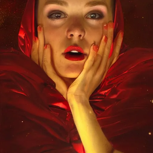 Image similar to black hole face dressed in red robe takes a selfie | highly detailed oil painting, hyperrealistic, very intrincate | cinematic lighting, award - winning | by roberto ferri, gustav klimt, william waterhouse and tom bagshaw | by austin osman spare and william blake, trending on artstation, cgsociety, official art, octane.