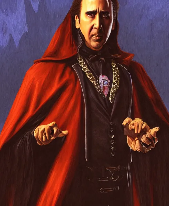 Prompt: Nicolas Cage as Dracula, highly detailed, centered, artstation, concept art, smooth, sharp focus, illustration, bokeh art by artgerm and donato giancola and Joseph Christian Leyendecker