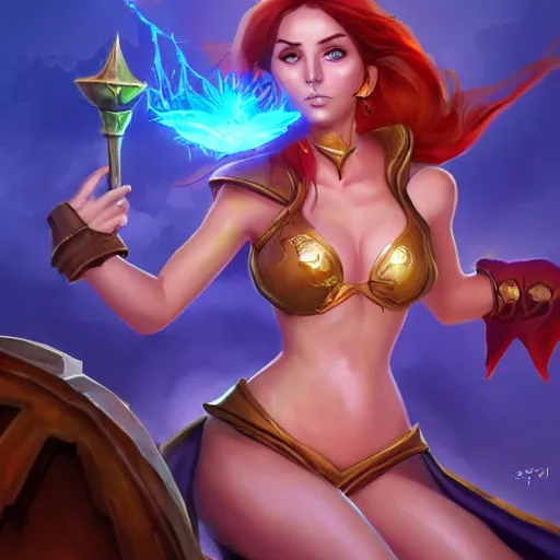 Prompt: The sorceress casting a fire ball, league of legends, tiny abdomen & inflated hips body, highly detailed HD body and face, digital painting, artstation, concept art, smooth, sharp focus, illustration, ArtStation, art by 100% Hearthstone