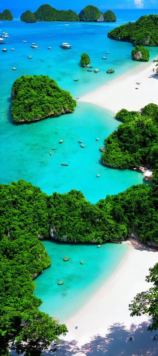 Image similar to koh samui koh krabi crystal clear blue water white sandy beach, 8 k wallpaper, high viewpoint, beautiful lighting, dslr