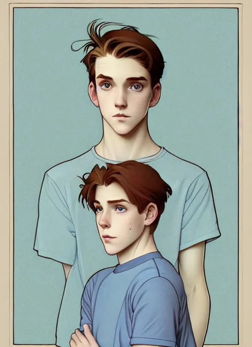 Image similar to art nouveau portrait of a teen boy with completely straight auburn hair, light blue eyes, pale skin, freckles, sad expression, t - shirt, modern casual clothing, natural lighting, path traced, highly detailed, high quality, cartoon, digital painting, by don bluth and ross tran and studio ghibli and alphonse mucha