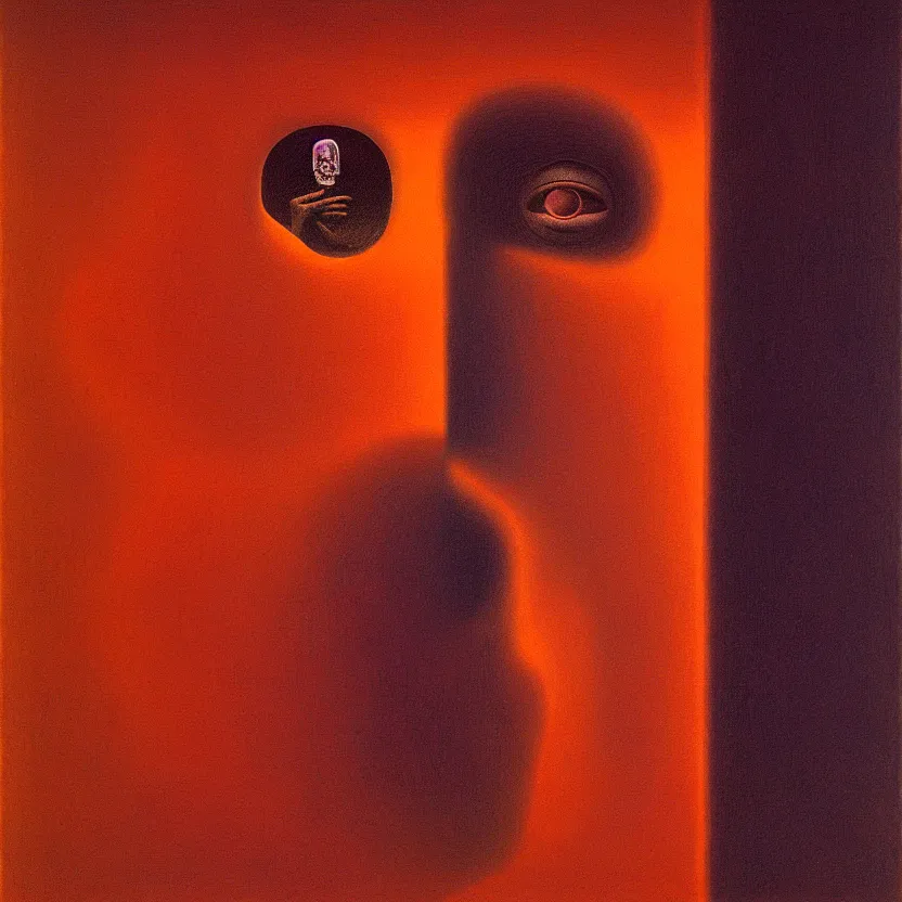 Image similar to a face coming out of a face coming out of a face, recursion, surreal, by salvador dali and zdzisław beksinski, oil on canvas, weird, dreams, fantasy, soft lighting, warm colors