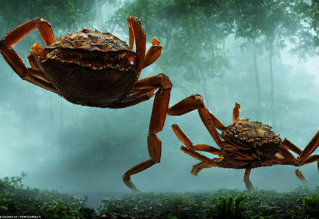 Prompt: an giant crab king emerging from the waters, in a jungle, ominous light from above, ambient light, fog, river, very poetic