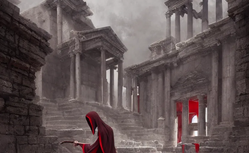 Prompt: the grim reaper at a roman temple, soft grey and red natural light, intricate, digital painting, artstation, concept art, smooth, sharp focus, illustration, art by greg rutkowski and luis rollo and uang guangjian and gil elvgren, symmetry!