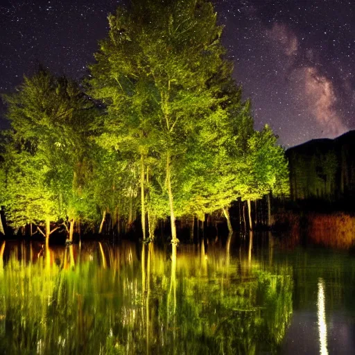 Image similar to lake, trees, night, blue fireflies,