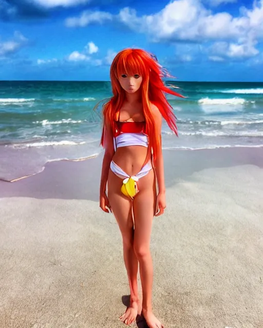 Prompt: dreamy tiktok iPhone photo of beautiful Asuka Langley from evangelion as a surfer in Florida, 35mm, cinematic, trending on Instagram, Asuka as a surfer model, 8k, 4k