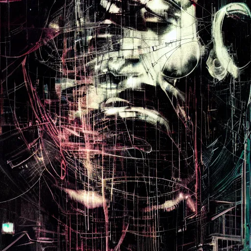 Prompt: glitchcore portrait of a cyberpunk, wires, machines, in a dark future city by jeremy mann, francis bacon and agnes cecile, and dave mckean ink drips, paint smears, digital glitches glitchart